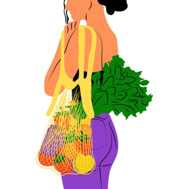 Eko alışverişçisi olan bir kız. Çizgi film tarzında vektör. Alışveriş vektörü kavramı için sıfır atık ürün