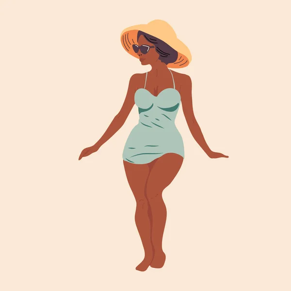 Hermosa Joven Con Sombrero Chica Traje Baño Está Tomando Sol — Archivo Imágenes Vectoriales