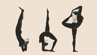 Fiziksel egzersiz yapan üç çıplak genç kadından oluşan bir set. Siyah ve beyaz kadın çizgi film karakteri, arka planda izole edilmiş yoga pozisyonları sergiliyor. Düz vektör illüstrasyonu