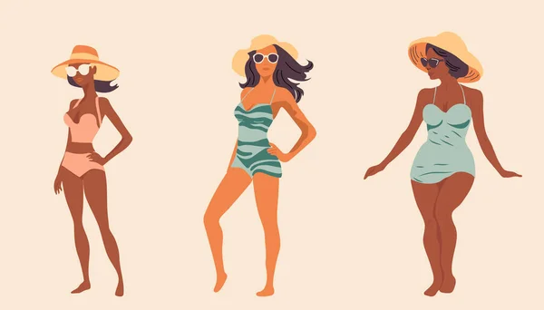 帽子の中の3人の美しい若い女性のセット 水着の女の子は夏の太陽の下で日光浴です フラットベクトルイラスト 絶縁型背景 — ストックベクタ