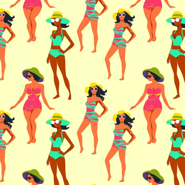Seamless Pattern Beautiful Young Women Hat Girls Swimsuit Sunbathing Summer — Stock Vector