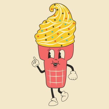 Tatlı çizgi film dondurma karakteri. Mutlu ve neşeli duygular. Eski animasyon 60 'lar, komik çizgi film karakterleri. Eski stilde moda illüstrasyon.
