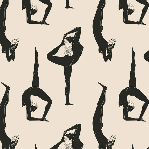 裸体年轻女子进行体育锻炼的无缝隙模式 黑人和白人女性卡通人物展示瑜伽姿势 — 图库矢量图片