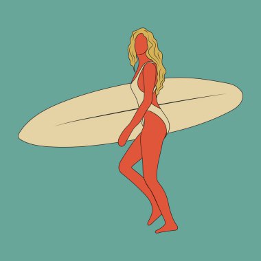 Sörfçü kız minimalist vektör çizimi. Düz stil dijital sanat. Sörf tahtası olan genç bir kadın.