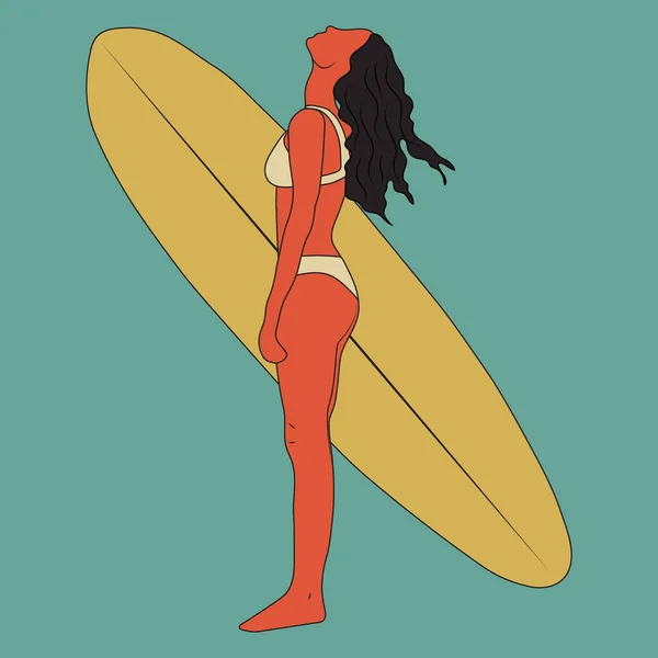 Minimalistická Vektorová Ilustrace Surfařky Digitální Umění Plochém Stylu Mladá Žena — Stockový vektor