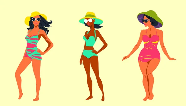Set Three Beautiful Young Women Hat Girls Swimsuit Sunbathing Summer — Stock Vector