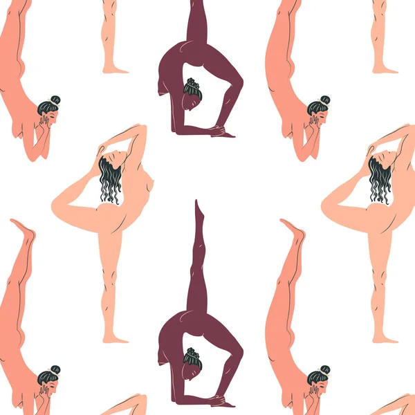 裸体年轻女子进行体育锻炼的无缝隙模式 展示瑜伽姿势的女性卡通人物 — 图库矢量图片