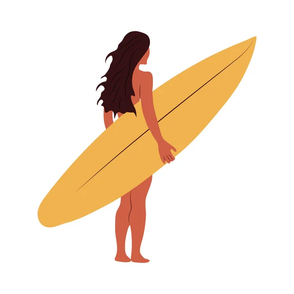 Ein Mädchen Mit Surfbrett Steht Vor Weißem Hintergrund — Stockvektor