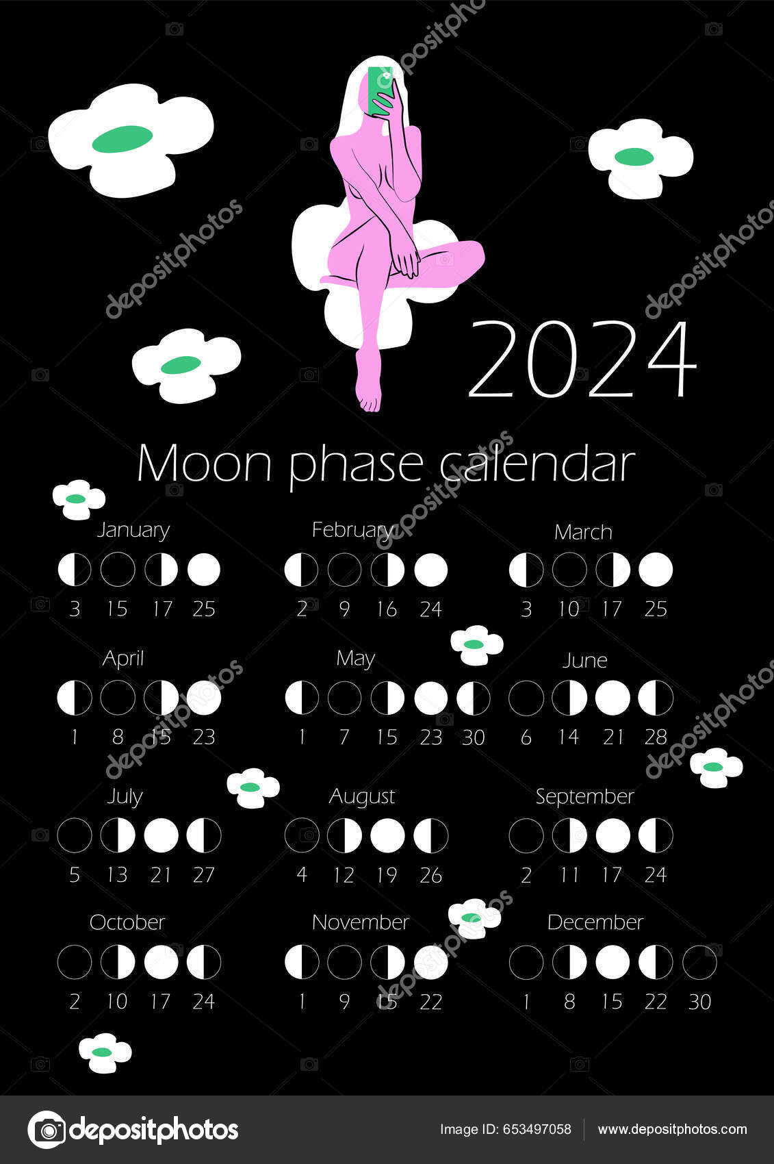 Calendrier Des Phases Lune 2025 Avec Corps Femme Nue Couleur image
