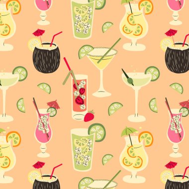 Yaz kokteylleriyle kusursuz bir düzen. Meyveli ve buzlu renkli bir içecek. Bar ya da restoran afişi.