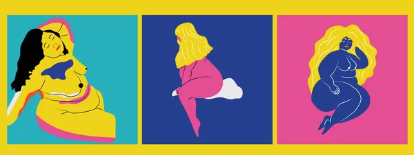 一套由三个裸女组成 色彩艳丽 摘要女性简况 家居装饰设计招贴画 身体呈阳性涵盖的艺术 — 图库矢量图片
