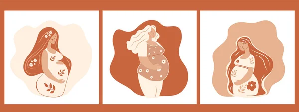 Conjunto Tres Retrato Hermosas Mujeres Embarazadas Jóvenes Concepto Embarazo Maternidad — Archivo Imágenes Vectoriales