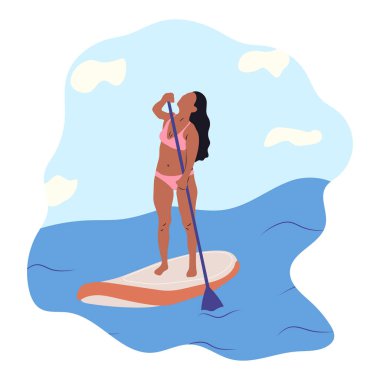 Su sporları. Yemek masasında tek başına duran genç bir kadın. Sörfçüler ve diğerleri rüzgar sörfü yaparken, uçurtma sörfü yaparken. Düz grafik vektör çizimleri 