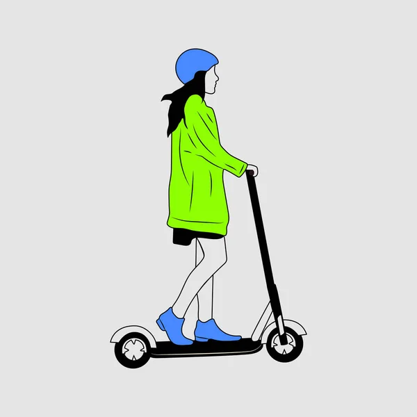 Młoda Kobieta Postać Plecakiem Jeździć Nowoczesny Transport Miejski Hulajnoga Elektryczna — Wektor stockowy