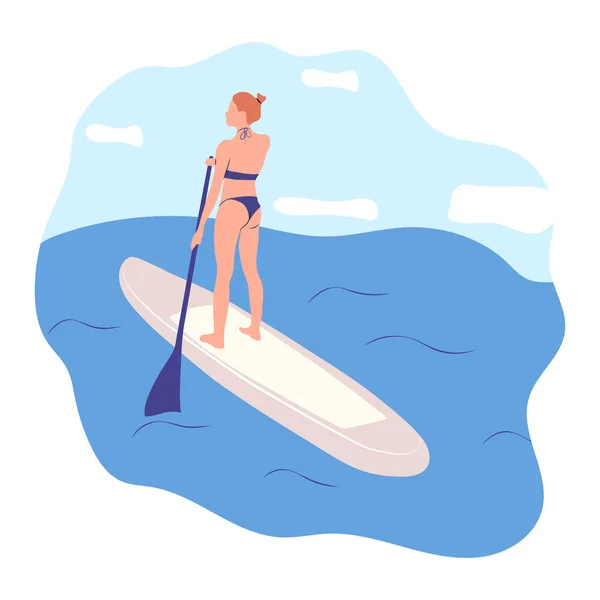 Водные Виды Спорта Молодая Женщина Стоящая Обеденной Доске Изолирована Серфингисты — стоковый вектор