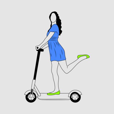 Sırt çantalı genç bayan karakter modern şehir ulaşım elektrikli scooter 'ı kullanıyor. Aktif hipster yetişkin milenyumu yaşam tarzı ekoloji teknolojileri kullanıyor.