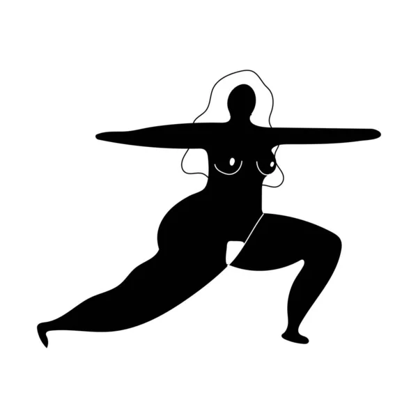 裸の若い女がヨガをしている姿を描く 黒と白光の背景に隔離されたヨガの位置を示す女性の漫画のキャラクター 平面ベクトル図 — ストックベクタ