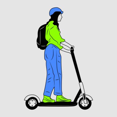 Sırt çantalı genç bayan karakter modern şehir ulaşım elektrikli scooter 'ı kullanıyor. Aktif hipster yetişkin milenyumu yaşam tarzı ekoloji teknolojileri kullanıyor.