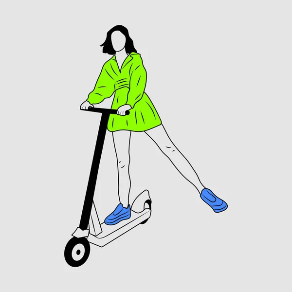 バックパックに乗る現代の都市交通電動キックスクーターと若い女性の文字 活動的なヒップスター大人の千年紀はライフスタイル生態技術を使用します — ストックベクタ