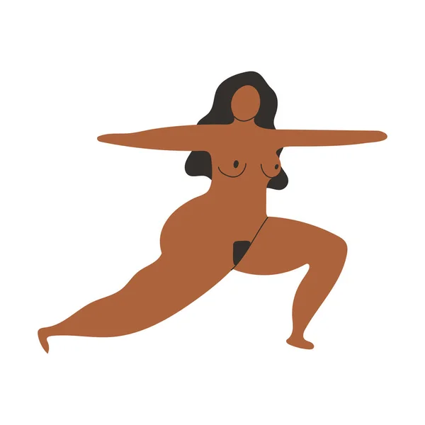 裸の若い女がヨガをしている姿を描く 光の背景に隔離されたヨガの位置を示す女性漫画のキャラクター 平面ベクトル図 — ストックベクタ