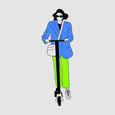 Sırt çantalı genç bayan karakter modern şehir ulaşım elektrikli scooter 'ı kullanıyor. Aktif hipster yetişkin milenyumu yaşam tarzı ekoloji teknolojileri kullanıyor.