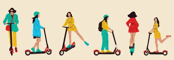 現代の都市交通電動キックスクーターに乗るバックパック付きの若い女性の文字のセット 活動的なヒップスター大人の千年紀はライフスタイル生態技術を使用します — ストックベクタ