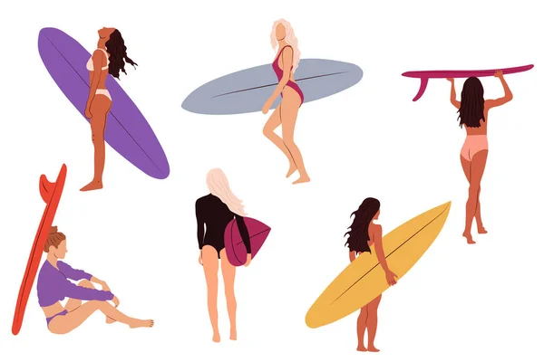 Set Von Surf Girls Minimalistische Vektorillustration Flache Digitale Kunst Junge — Stockvektor