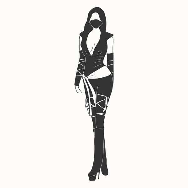 Cosplay Bella Donna Con Abito Nero Ninja Illustrazione Vettoriale Isolato — Vettoriale Stock