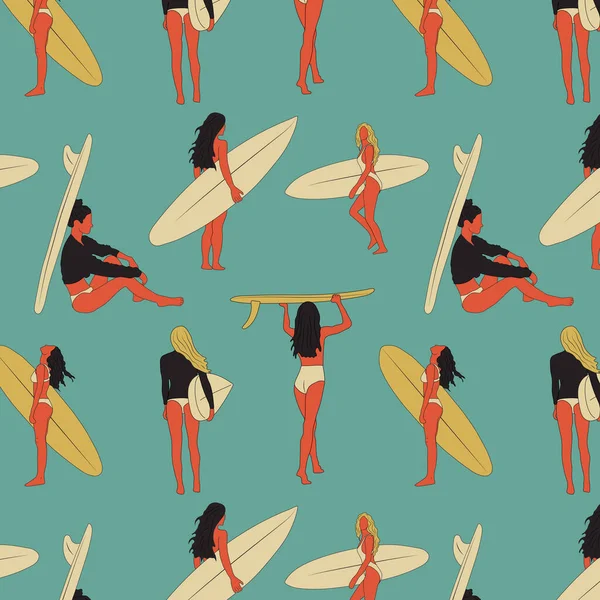 Nahtloses Muster Mit Minimalistischer Vektorillustration Für Surfgirls Flache Digitale Kunst — Stockvektor