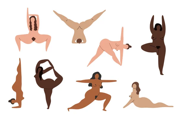 Figura Mujeres Jóvenes Desnudas Realizando Yoga Personaje Dibujos Animados Femeninos — Vector de stock