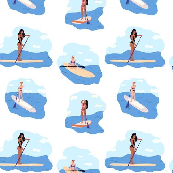 Nahtloses Muster Mit Illustration Wassersport Eine Junge Frau Steht Isoliert — Stockvektor
