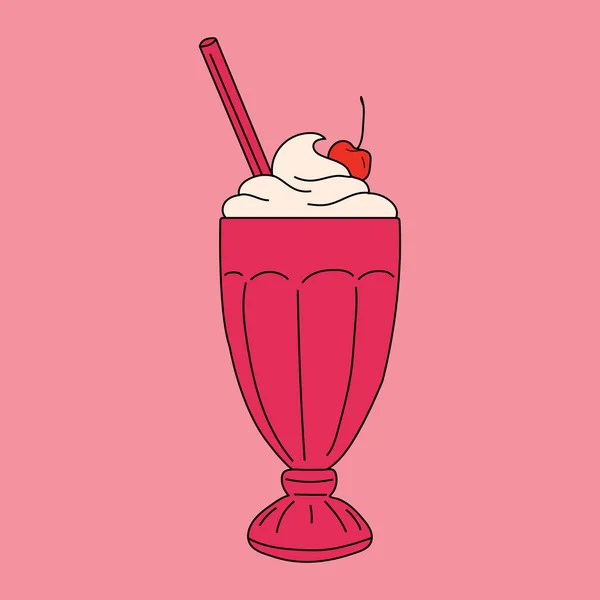 Milkshake Com Uma Cereja Cima Senta Sobre Fundo Rosa —  Vetores de Stock
