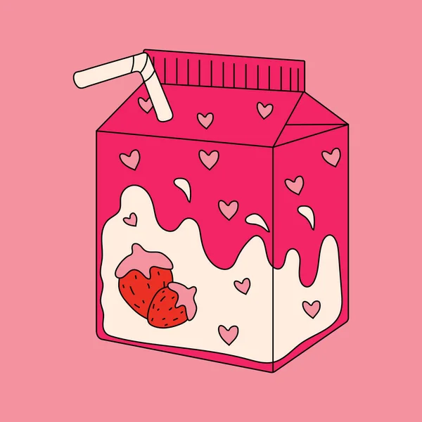 一盒粉红色的草莓牛奶 中间夹着草莓 — 图库矢量图片