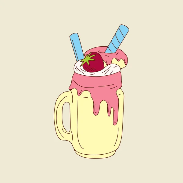 イチゴとアイスクリームコーンとミルクセーキ ベクトル図 — ストックベクタ
