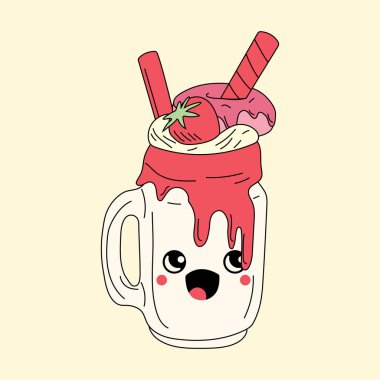 Kawaii gözlü şirin, mutlu, komik bir milkshake. Vektör çizimi izole edildi