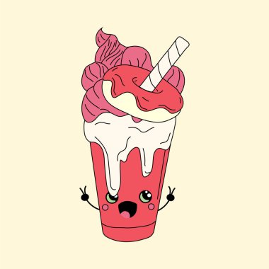 Kawaii gözlü şirin, mutlu, komik bir milkshake. Vektör çizimi izole edildi