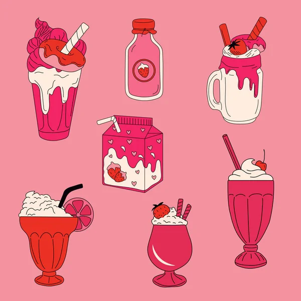 一套奶昔与草莓和冰淇淋锥形 孤立的矢量说明 — 图库矢量图片