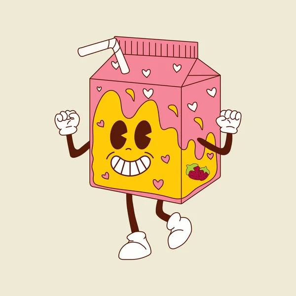 Χαριτωμένο Χαρούμενο Αστείο Milkshake Κουτί Φράουλα Γάλα Χαρακτήρα Μασκότ Κινουμένων — Διανυσματικό Αρχείο