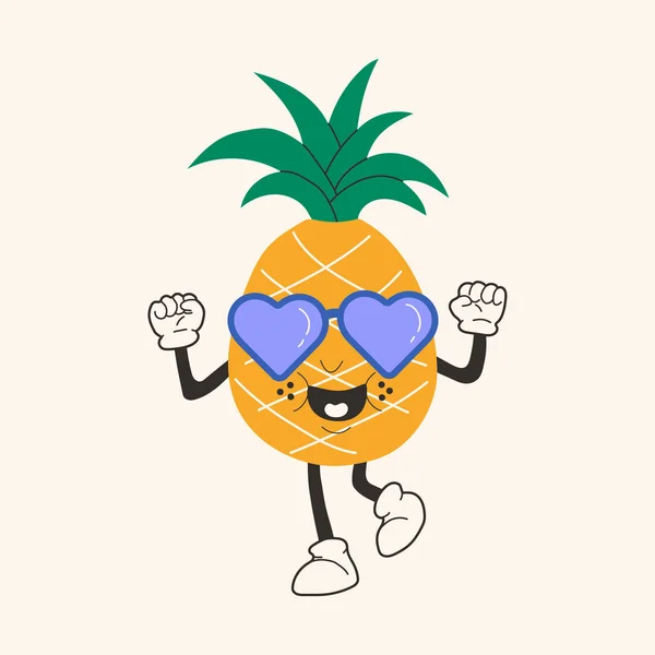 Bonito Feliz Engraçado Abacaxi Óculos Anos Desenho Animado Mascote Personagem — Vetor de Stock