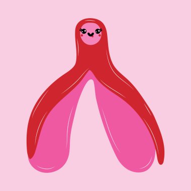 Klitorisin üreme sistemi ve kawaii gözleri. Klitoral salgı. Feminizm teması ve kadın cinsel organları. Çizgi film tarzında vektör.