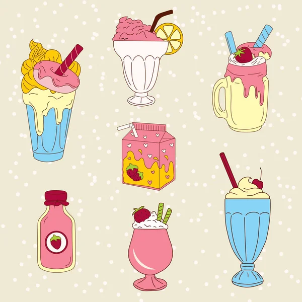 一套奶昔与草莓和冰淇淋锥形 矢量图解隔离 — 图库矢量图片