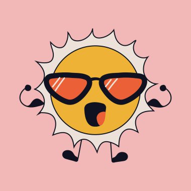 Kawaii gözlü şirin, mutlu, komik bir güneş. Vektör çizimi izole edildi