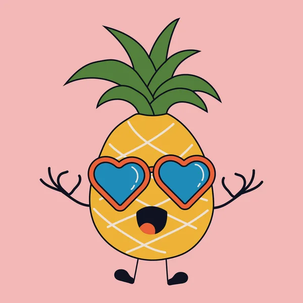 Mignon Ananas Drôle Heureux Avec Des Yeux Kawaii Illustration Vectorielle — Image vectorielle