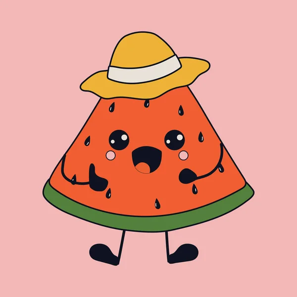 Cute Happy Funny Watermelon Kawaii Eyes Vector Illustration Isolated — Stock Vector