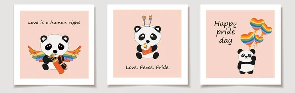 Set Carte Giorno Orgoglio Con Simpatici Panda Seduti Tiene Cuori — Vettoriale Stock