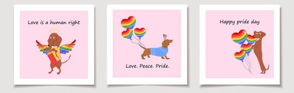Set Pride Day Cards Dachshunds Dogs Pulls Rainbow Hearts Valentines — Stock Vector