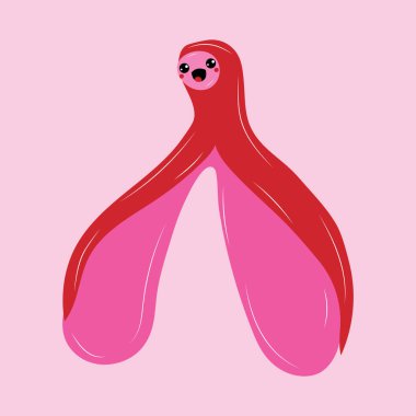 Klitorisin üreme sistemi ve kawaii gözleri. Klitoral salgı. Feminizm teması ve kadın cinsel organları. Çizgi film tarzında vektör.