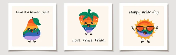 Set Pride Day Cards Cute Happy Funny Rainbow Fruits Kawaii — Stock Vector