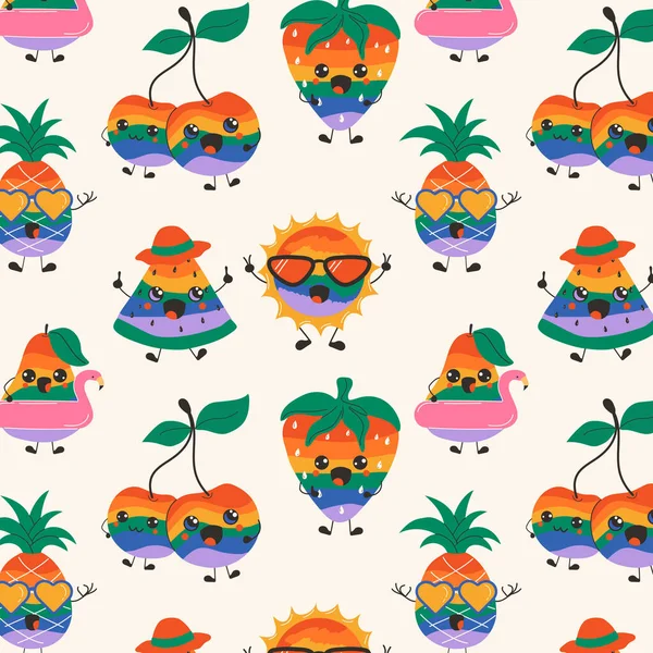 可愛い目でかわいい幸せの虹の果物とシームレスなパターン — ストックベクタ