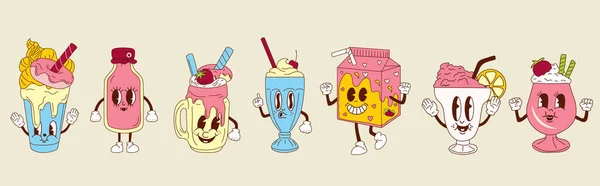 Ensemble Milkshakes Joyeux Amusants 30S Personnage Mascotte Dessin Animé 40S — Image vectorielle
